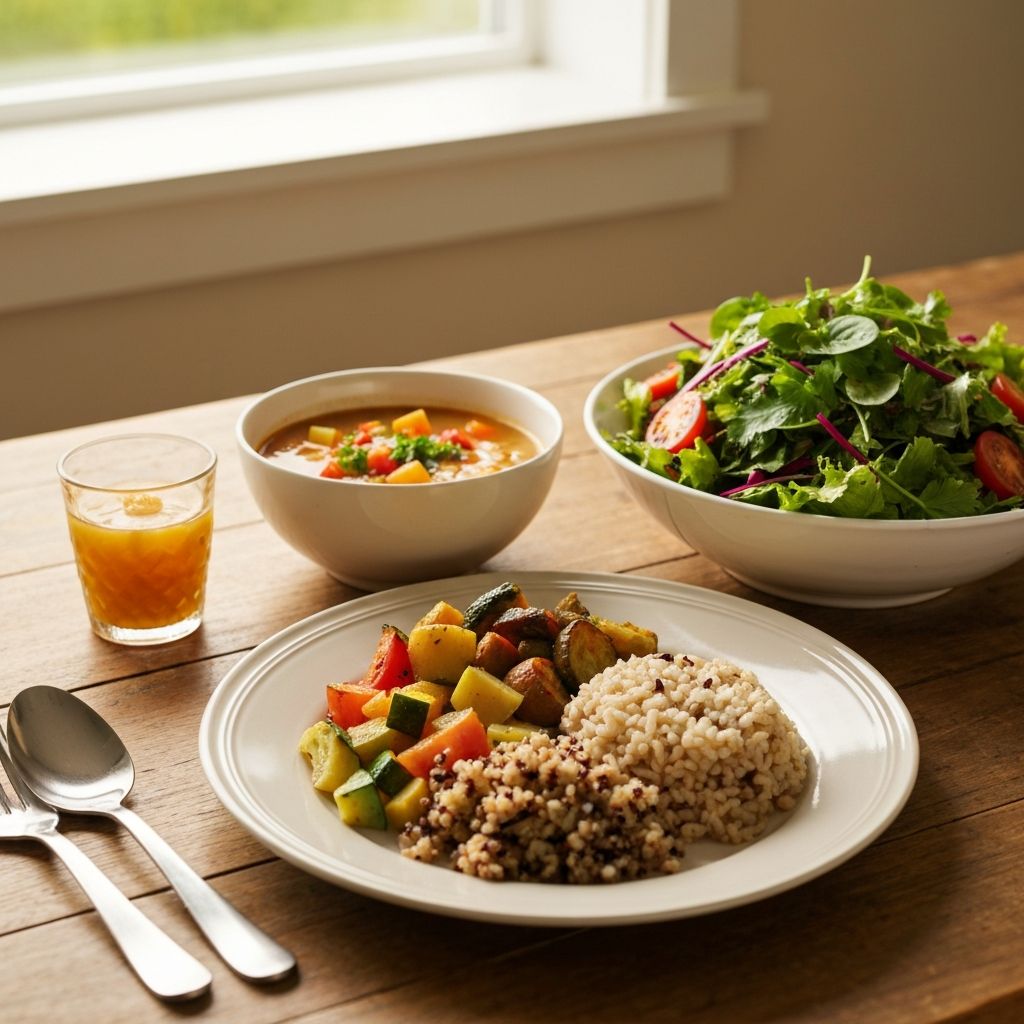 Forró ételek: leves, sült zöldség, saláta