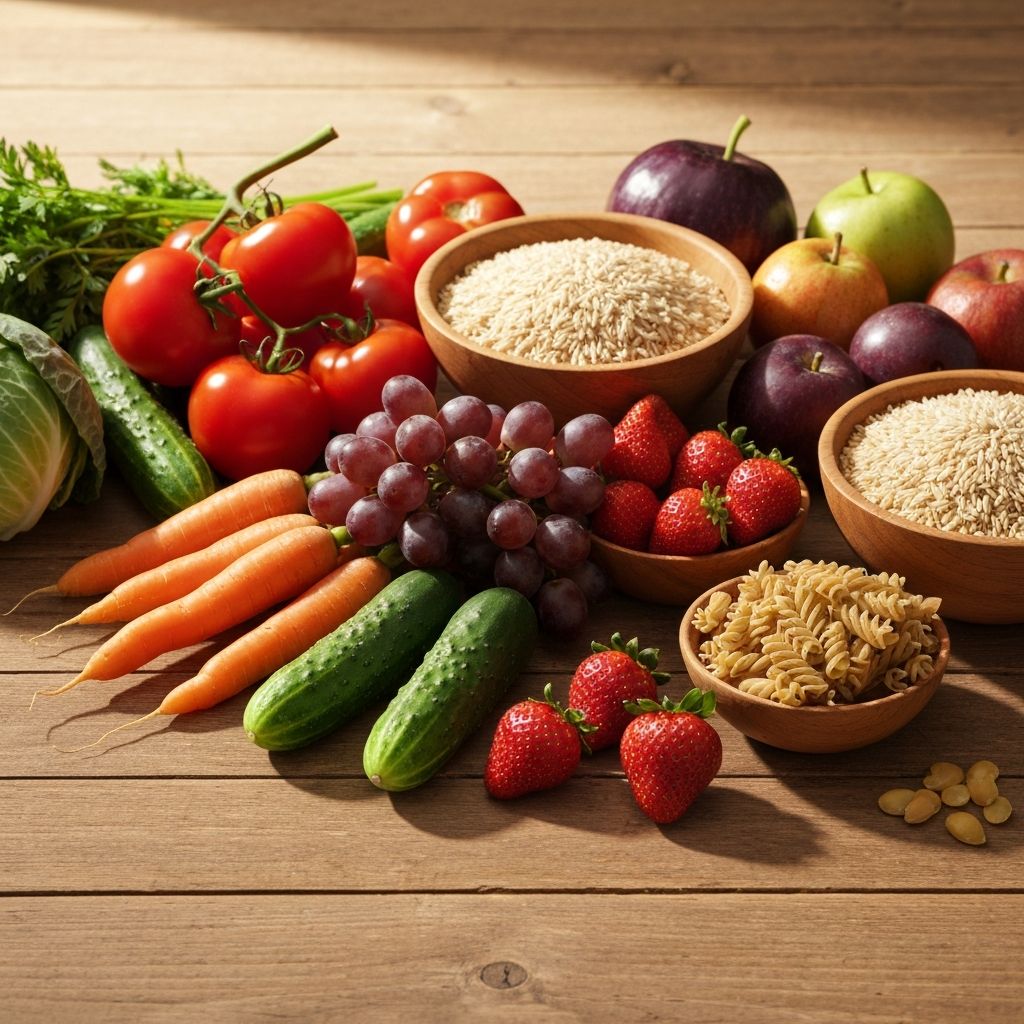 Zöldségek, gyümölcsök, gabonafélék, fehérjeforrások közvetlenül az asztalon